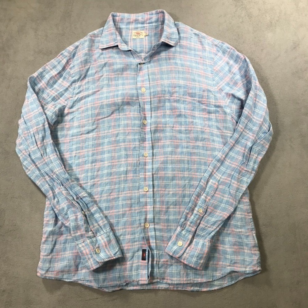 Faherty Shirt Men's Medium Blue Pink Plaid 100% Linen Long Sleeve Button Up